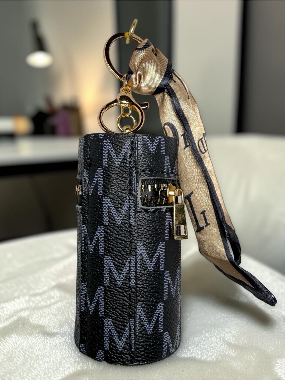 Black Monogram Keychain Pouch with Scarf - Picture 2 of 2